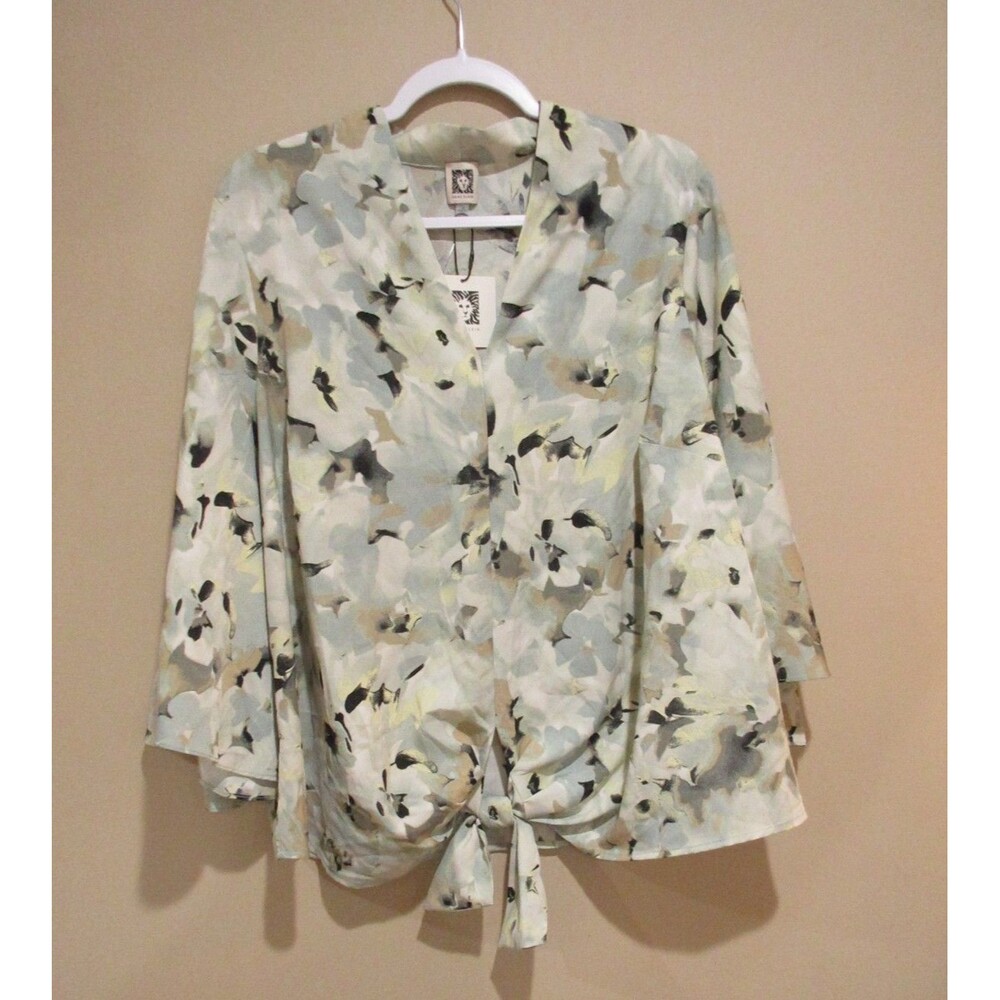 NWT Anne Klein Woven Top Women 1X Soft Aloe Multi Print Kimono Sleeve Tie Green